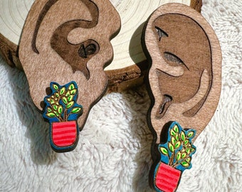 Cute Tiny Tree in a Red Pot Stud Earrings Made from Laser Cut Wood