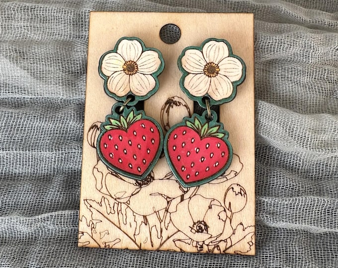 Strawberry & Flower Dangle Earrings – Hand-Painted Wood, Hypoallergenic Posts