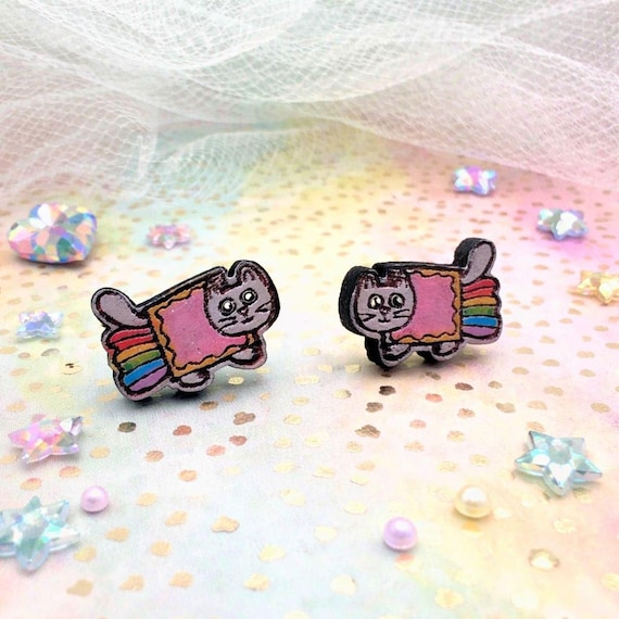Kawaii Nyan Cat Meme Stud Earrings- Hand-painted Lasercut Wood