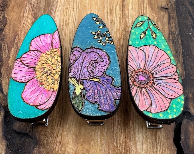 Floral Hair Clips Laser Cut from Wood and Hand Painted
