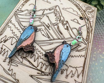 Dangle Bluebird Earrings in a wood gift box