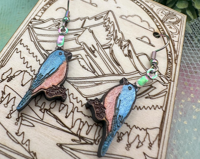 Dangle Bluebird Earrings in a wood gift box