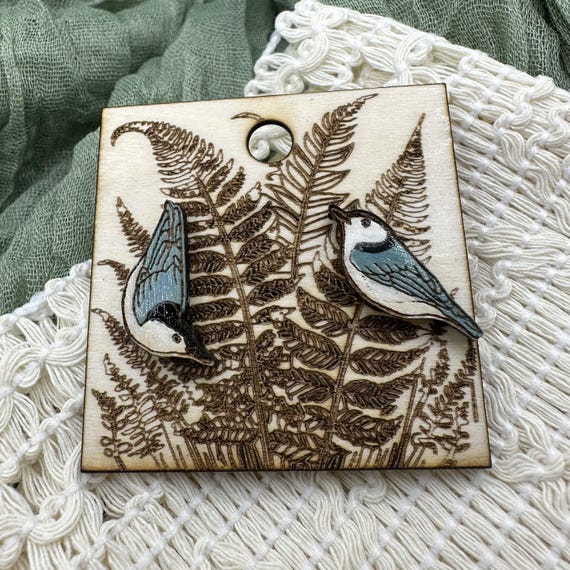 Woodland Bird Stud Earrings, Nuthatch Asymmetrical (Hypoallergenic Posts)