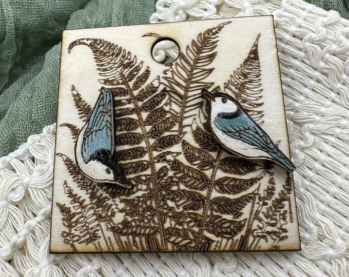 Woodland Bird Stud Earrings, Nuthatch Asymmetrical (Hypoallergenic Posts)