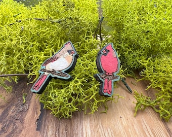 Cardinal Earrings – Male and Female Northern Cardinal Studs – Laser Cut Wood Bird Jewelry – Nature Lover & Birdwatcher Gift