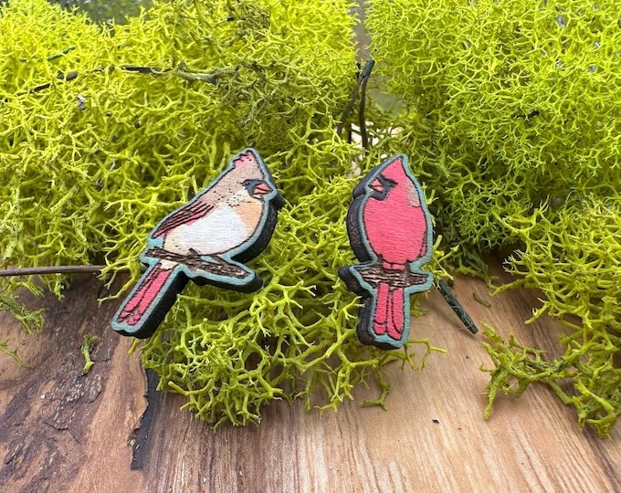 Hand-Painted Cardinal Earrings: Laser Cut Wood Bird Studs