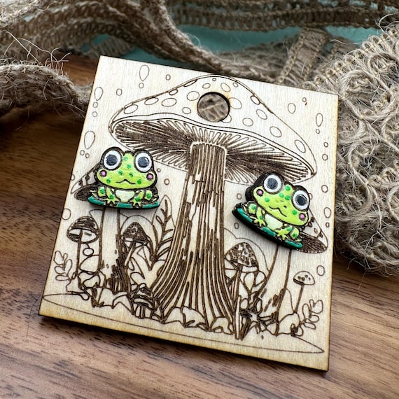 Wooden Frog Stud Earrings - Small, Hand-Painted Woodland Jewelry