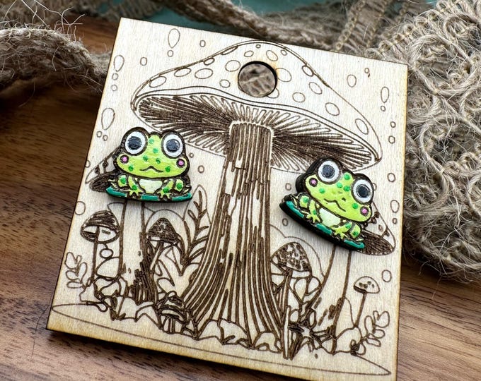 Frog Earrings • Small Studs • Woodland Animal Jewelry • Hand-Painted Wood Earrings • Fairycore Cottagecore Accessories