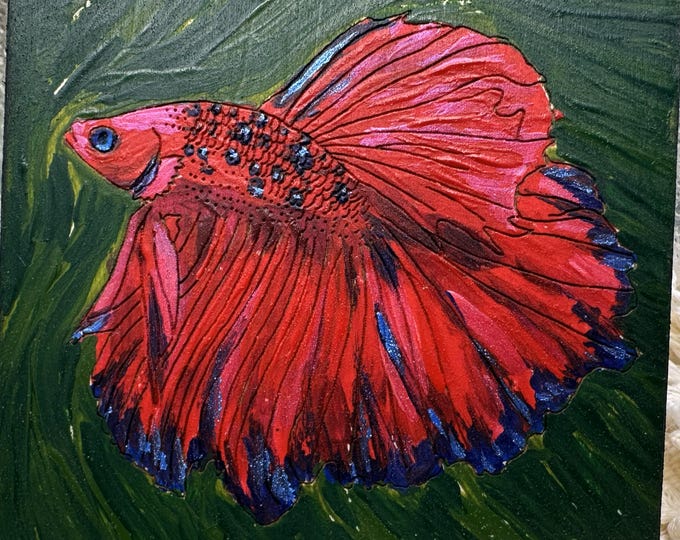 Crimson Drift Original Art Laser Engraving and Acrylic Painting Mixed Media 10cm Wood Square