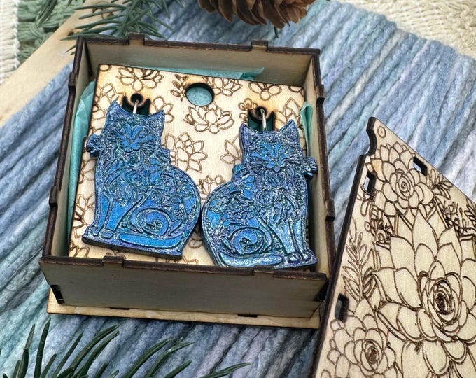Colorshift Engraved Wood Cat Earrings in a wood gift box