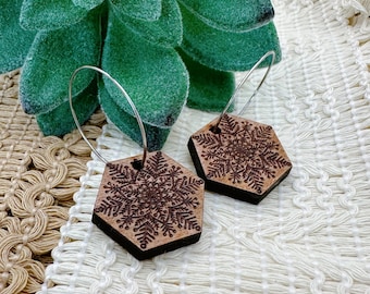 Laser Engraved Cherrywood Snowflake Hoop Earrings