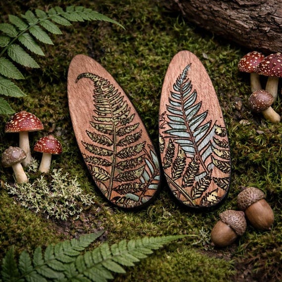 Engraved Ferns Hand Painted Cherry Wood Hair Clip