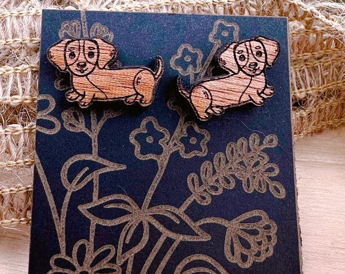 Cherry Wood Dachshund Earrings: Laser Cut Studs in Gift Box