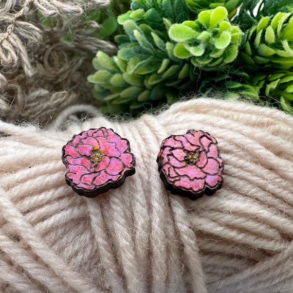 Pink Peony Wood Stud Earrings - Hand-Painted Floral Design
