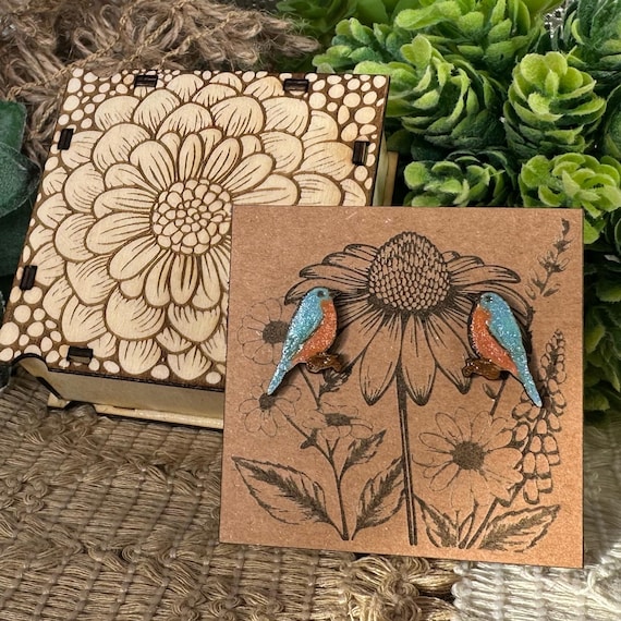 Hand-Painted Bluebird Stud Earrings: Lightweight Wood Bird Jewelry