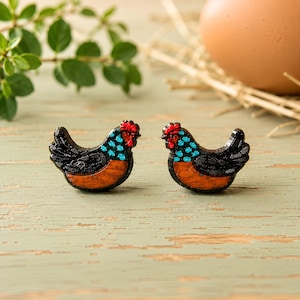 Chicken Stud Earrings Hand Painted Wood with Stainless Steel Posts