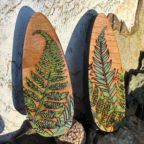 Fern Barrette | Hand-Painted Engraved Cherry Wood Alligator Clip | 2-Inch Woodland Accent