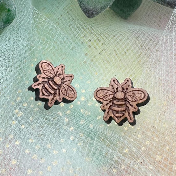 Cherry Wood Bee Earrings: Lightweight Laser Cut Studs