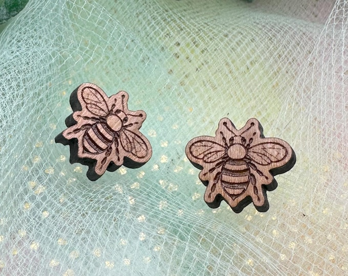 Adorable Cherry Wood Bee Stud Earrings