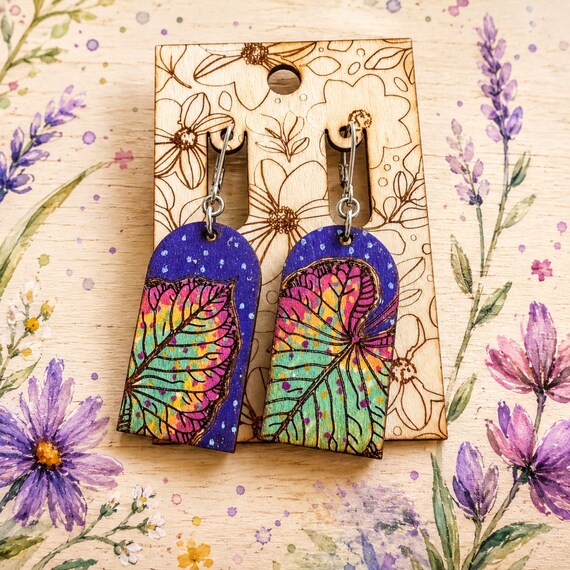 Tropical Caladium Leaf Earrings, Hand-Painted Wood (Lightweight Dangle)