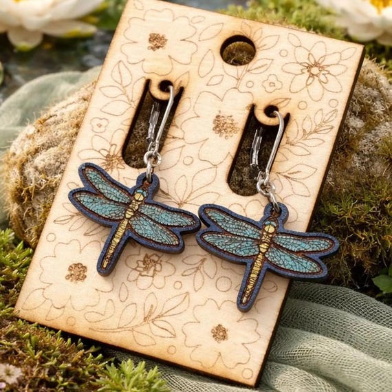 Nature-Inspired Dragonfly Earrings, Cherry Wood, Blue Hand-Painted (Lightweight)