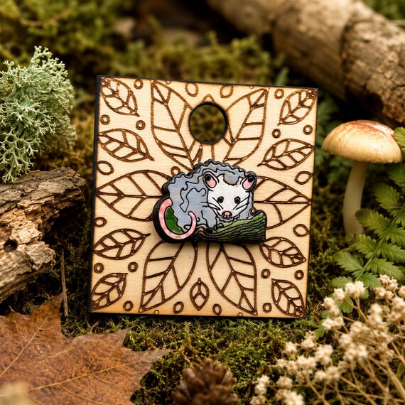 Woodland Opossum Pin: Hand-Painted Basswood, Nature Lover Accessory