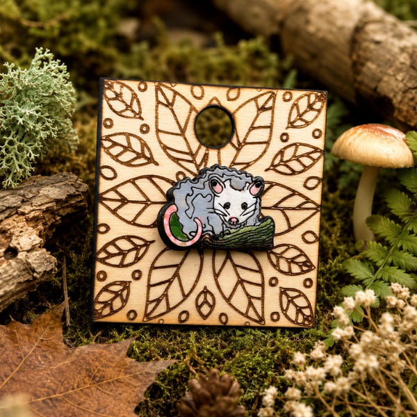 Woodland Opossum Pin: Hand-Painted Basswood, Nature Lover Accessory