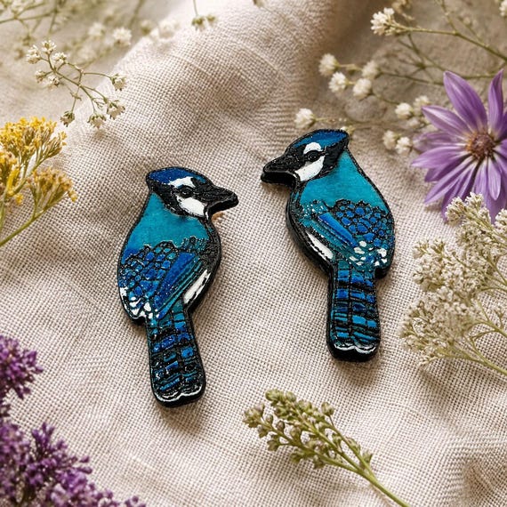 Hand-Painted Blue Jay Earrings: Laser Cut Wood, Nature Inspired