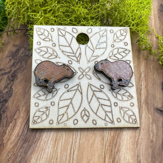 Capybara Stud Earrings – Laser Cut Wood Jewelry with Tropical Gift Box