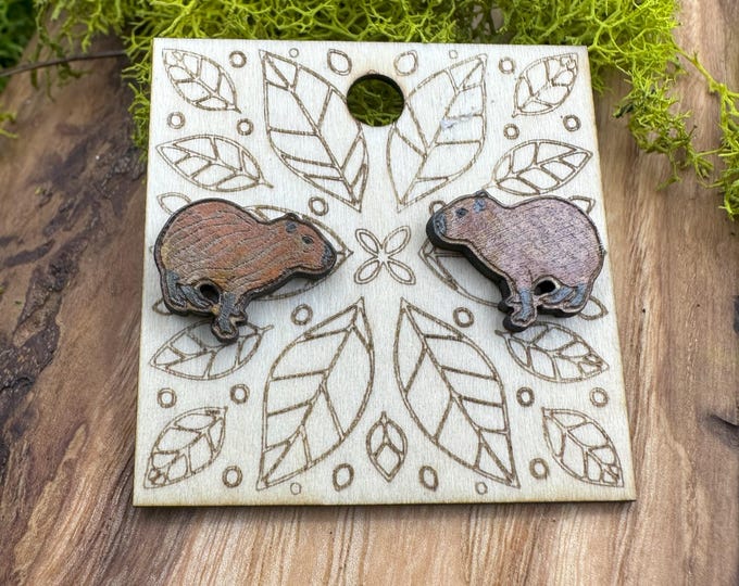 Capybara Stud Earrings – Laser Cut Wood Jewelry with Tropical Gift Box