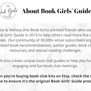May include: A black and white image with the text "THE Book Girls' GUIDE" in a circle. The text "About Book Girls' Guide" is in a larger font below the circle. The text below describes the Book Girls' Guide, which is a community of book lovers who share recommendations, author guides, and book club resources.
