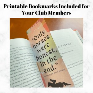 May include: A printable bookmark with a pink and orange background featuring a horse and the text "Only horses were honest, in the end."  The bookmark is placed on top of a book with the title "Horse" by Geraldine Brooks.