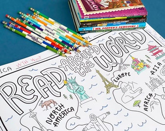 Read Around the World Map Coloring Poster