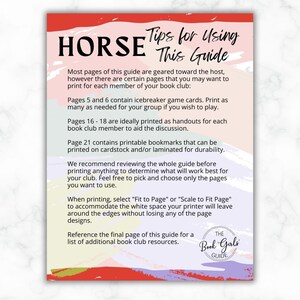 May include: A pink and red graphic with the text "Tips for Using HORSE This Guide" and instructions for using the guide. The guide is for book clubs and includes icebreaker game cards, discussion handouts, and printable bookmarks.