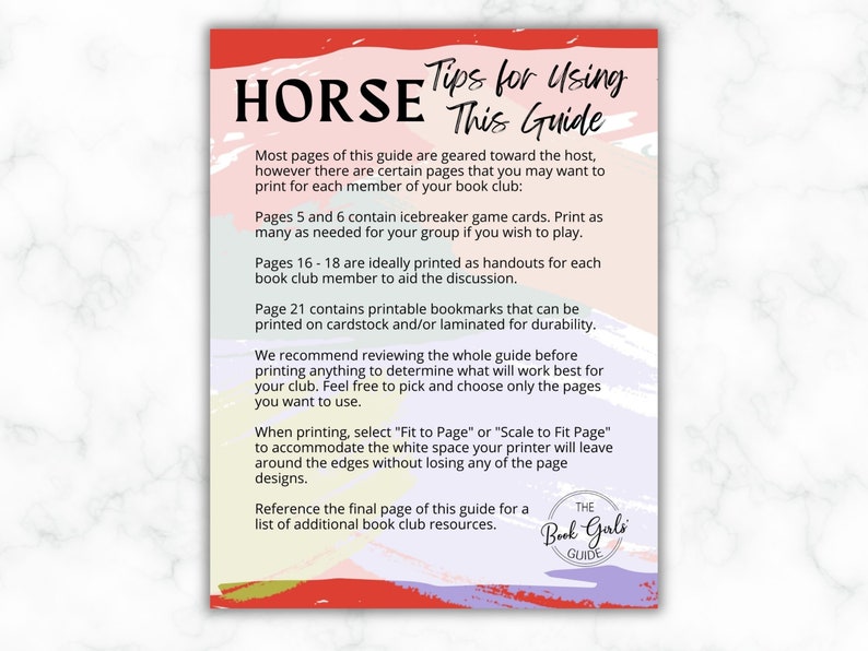 May include: A pink and red graphic with the text "Tips for Using HORSE This Guide" and instructions for using the guide. The guide is for book clubs and includes icebreaker game cards, discussion handouts, and printable bookmarks.