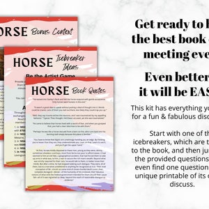 May include: Three colorful printable cards with the title "HORSE" and text about book club discussion ideas. The text includes quotes from the book and icebreaker ideas. The cards are on a marble background.