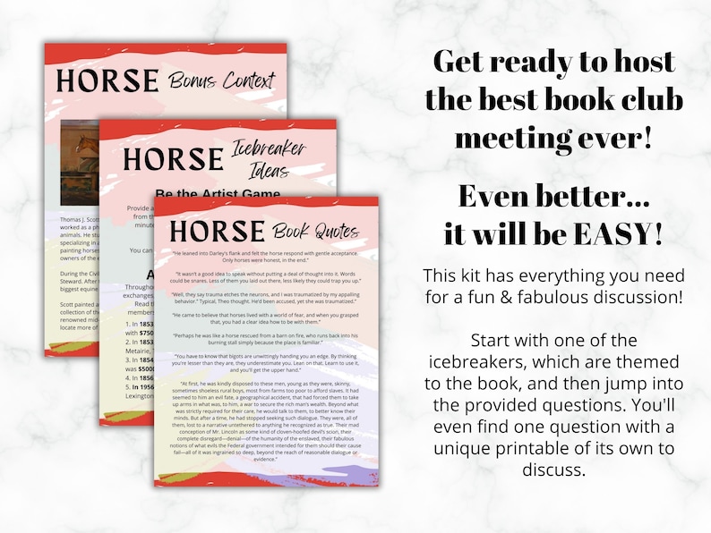 May include: Three colorful printable cards with the title "HORSE" and text about book club discussion ideas. The text includes quotes from the book and icebreaker ideas. The cards are on a marble background.