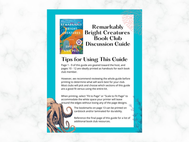 May include: A blue and pink graphic with the text "Remarkably Bright Creatures Book Club Discussion Guide" and tips for using the guide. The graphic features an illustration of an octopus.