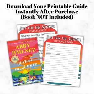 May include: A printable guide titled "Just for the Summer Meeting Record" with a red, orange, yellow, and green striped background. The guide includes sections for date, attendees, notes, and notable meeting details. The guide is accompanied by a book cover for the novel "Just for the Summer" by Abby Jimenez.