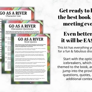 Pode incluir: Tr&ecirc;s folhas impressas para um kit de clube do livro intitulado "GO AS A RIVER". As folhas incluem uma lista de personagens, perguntas para discuss&atilde;o e cita&ccedil;&otilde;es de livros. O texto "Prepare-se para sediar a melhor reuni&atilde;o do clube do livro de todos os tempos! Melhor ainda... ser&aacute; F&Aacute;CIL!" tamb&eacute;m &eacute; vis&iacute;vel.