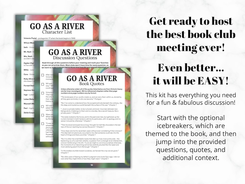 Pode incluir: Tr&ecirc;s folhas impressas para um kit de clube do livro intitulado "GO AS A RIVER". As folhas incluem uma lista de personagens, perguntas para discuss&atilde;o e cita&ccedil;&otilde;es de livros. O texto "Prepare-se para sediar a melhor reuni&atilde;o do clube do livro de todos os tempos! Melhor ainda... ser&aacute; F&Aacute;CIL!" tamb&eacute;m &eacute; vis&iacute;vel.