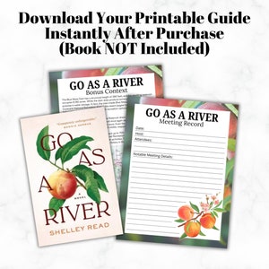 Pode incluir: A imagem mostra uma capa de livro e dois guias imprim&iacute;veis. A capa do livro apresenta o t&iacute;tulo "GO AS A RIVER" com uma ilustra&ccedil;&atilde;o de p&ecirc;ssego. Os guias incluem o t&iacute;tulo e o texto "Bonus Context" e "Meeting Record". Os guias t&ecirc;m ilustra&ccedil;&otilde;es de p&ecirc;ssegos e flores.