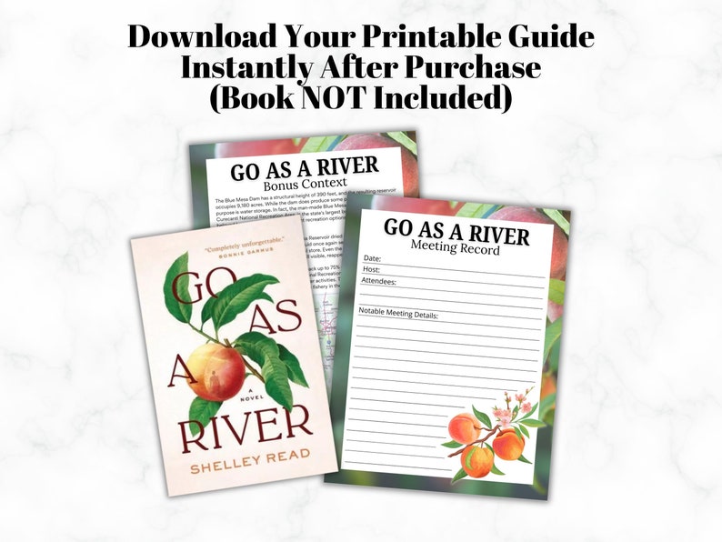Pode incluir: A imagem mostra uma capa de livro e dois guias imprim&iacute;veis. A capa do livro apresenta o t&iacute;tulo "GO AS A RIVER" com uma ilustra&ccedil;&atilde;o de p&ecirc;ssego. Os guias incluem o t&iacute;tulo e o texto "Bonus Context" e "Meeting Record". Os guias t&ecirc;m ilustra&ccedil;&otilde;es de p&ecirc;ssegos e flores.