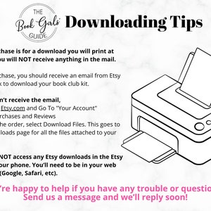 Pode incluir: Imagem em preto e branco com texto sobre dicas de download para um kit de clube do livro. A imagem inclui uma impressora com papel saindo. O texto inclui instru&ccedil;&otilde;es sobre como baixar o kit e onde encontr&aacute;-lo.