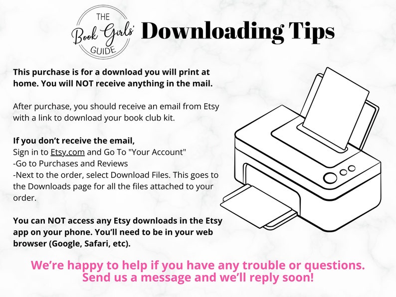 Pode incluir: Imagem em preto e branco com texto sobre dicas de download para um kit de clube do livro. A imagem inclui uma impressora com papel saindo. O texto inclui instru&ccedil;&otilde;es sobre como baixar o kit e onde encontr&aacute;-lo.
