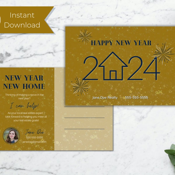 New Year Real Estate Postcard Gold | Realtor Holiday Card | Real Estate Marketing | Editable Canva Template