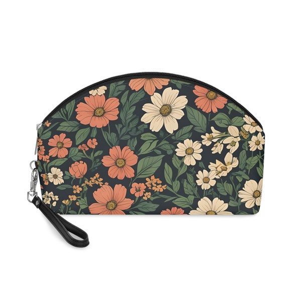 Orange & White Floral Travel Makeup Bag - Lightweight, Durable Cosmetic Pouch