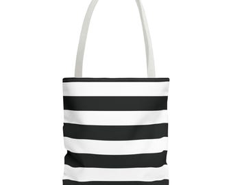 Black and White Striped Tote Bag: Chic Polyester Shoulder Bag