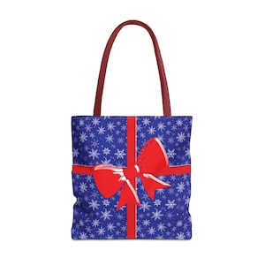 Blue Christmas Tote Bag - Red Bow - 18&quot;x18&quot; White/Red/Blue Handle Options, Reusable Bag