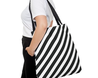 Striped Tote Bag: Black and White Geometric Canvas Shoulder Bag